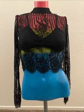 Black Sheer Lace Long Sleeve Crop Top
